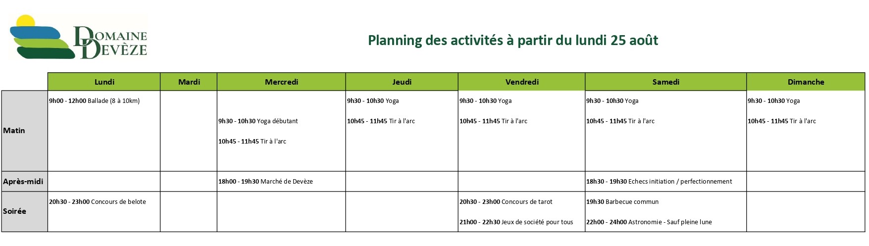 Planning activites Sept